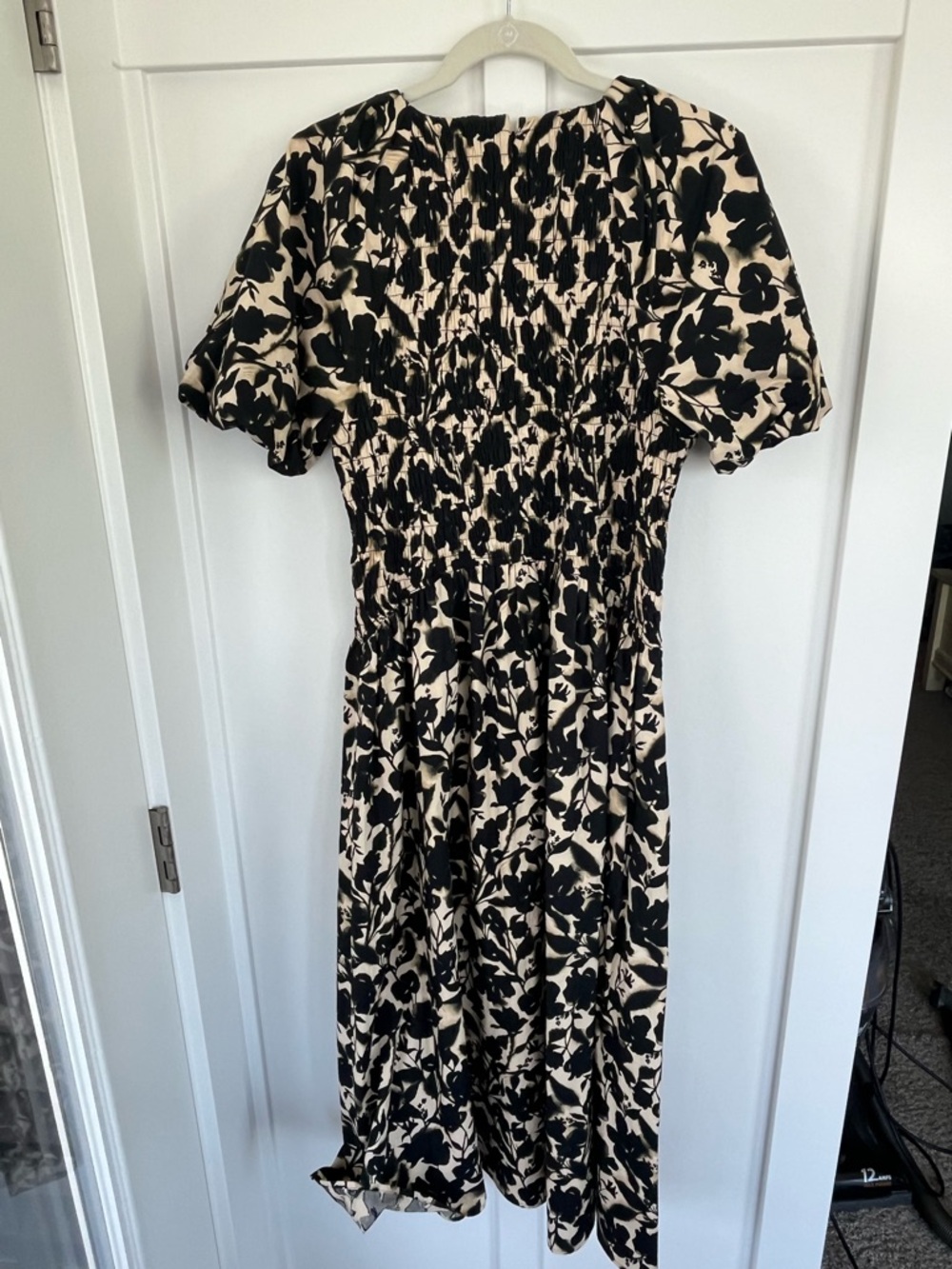 J. Crew Black and Cream Floral Smocked Midi Dress - Picture 8 of 8